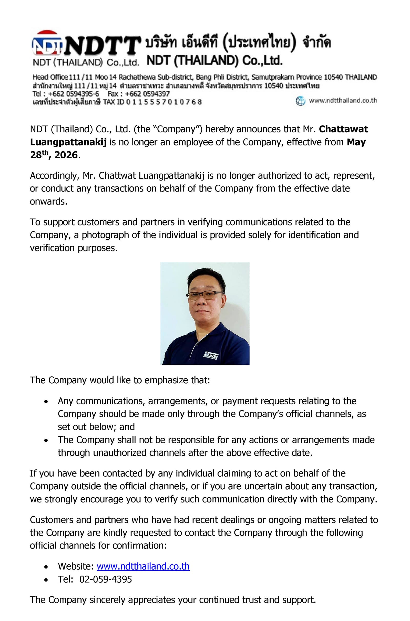 Official Announcement Termination of Employment - FINAL